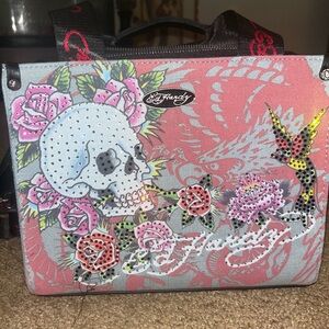 Ed Hardy Pink and Gray Skull Tote